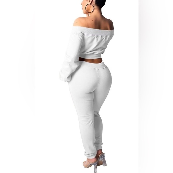 Long Sleeve Two Piece Outfit Tracksuit Lace Up Off Shoulder Casual Sweatsuit - Picture 2 of 14